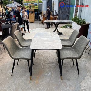 Thanh Lý Bộ Bàn Ăn Mặt Đá 4 Ghế Da Simili Xám Cũ Giá Rẻ