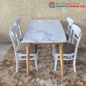 Thanh Lý Bộ Bàn Ăn Giả Đá 4 Ghế Trắng  Mới 99%