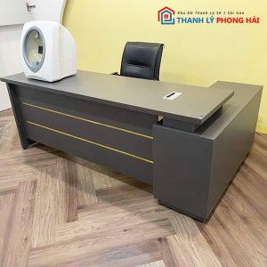 Thanh Lý Bàn Giám Đốc Gỗ Chữ L Xám Viền Vàng Mới 99%