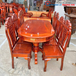 Bộ Bàn Ăn Oval 8 Ghế Gỗ Tràm Mới 99%