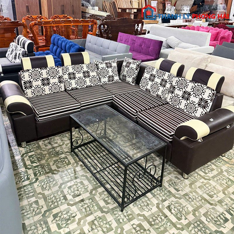 bo-sofa-goc-l-2m5-boc-vai-den-kem-moi-99 Bộ Sofa Góc L 2m5 Bọc Vải Đen Kem Mới 99%