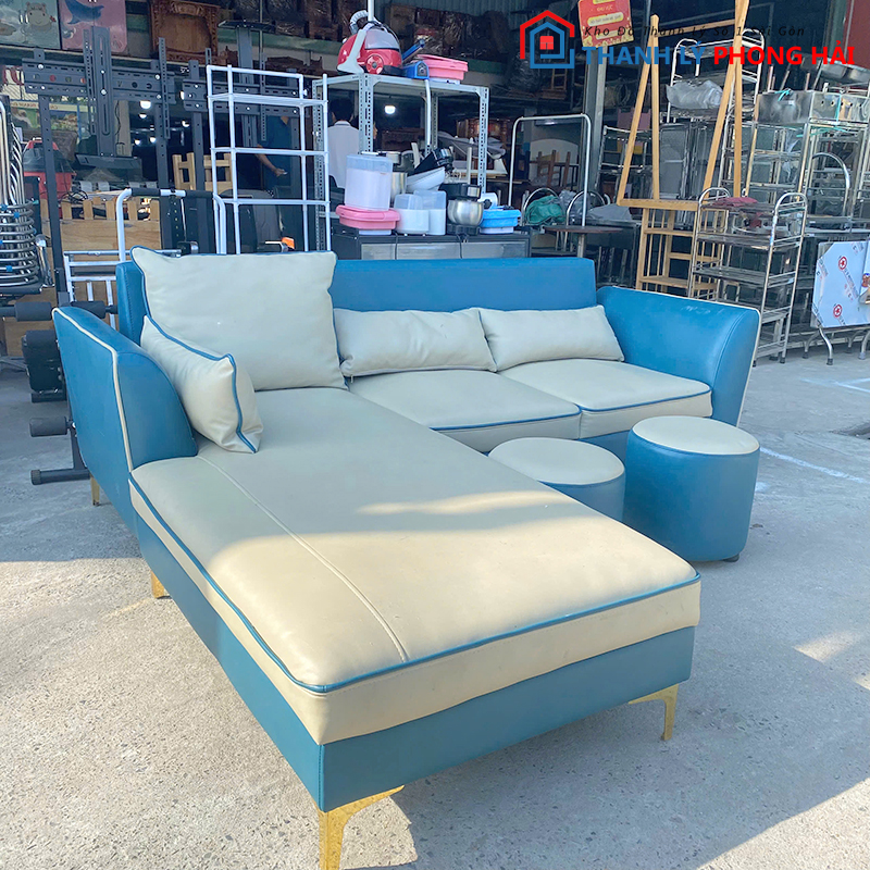 sofa-cu-2 Thanh Lý Bộ Sofa Góc L 2m2 Da Màu Xanh Cũ