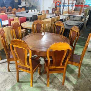 Bộ Bàn Ăn Tròn Gỗ Đỏ Ghế Gỗ Tràm Cũ 1m36