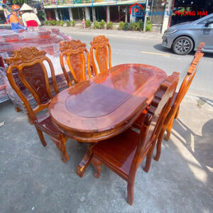 Bộ Bàn Ăn Oval Gỗ Tràm 6 Ghế Cũ 1m6