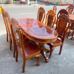Bộ Bàn Ăn Oval Gỗ Tràm 6 Ghế Cũ 1m6