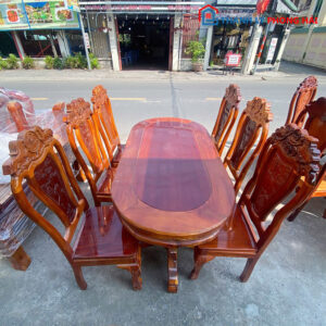 Bộ Bàn Ăn Oval Gỗ Tràm 6 Ghế Cũ 1m6