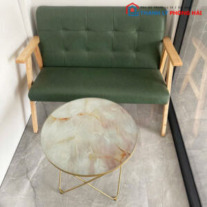 Bộ Sofa Gỗ Đệm Xanh Kèm Bàn Tròn Vân Đá Cũ 1m15