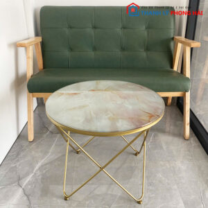 Bộ Sofa Gỗ Đệm Xanh Kèm Bàn Tròn Vân Đá Cũ 1m15