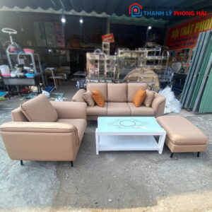 Thanh Lý Bộ Sofa Da 2m Màu Nude Mới 99%