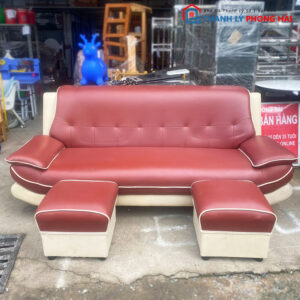 Bộ Sofa Da 2m Màu Đỏ Kem Kèm 2 Đôn Cũ