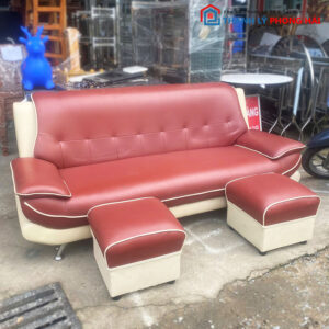 Bộ Sofa Da 2m Màu Đỏ Kem Kèm 2 Đôn Cũ