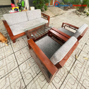 Bộ Sofa Gỗ Kèm Bàn Kính Nâu 1m7 Cũ