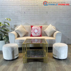 Thanh Lý Bộ Sofa Vải Nhung Kèm Bàn Vuông Mặt Đá Mới 99%