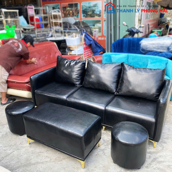 Thanh Lý Bộ Sofa Da Đen 2m Mới 99%