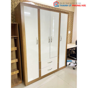 Tủ Quần Áo 4 Cánh Cải Dọc MDF Vàng Trắng 1m6 Cũ