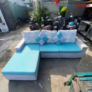 Bộ Sofa Góc L Vải Nhung Màu Xanh Cũ