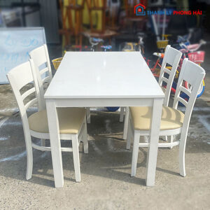 Bộ Bàn Ăn Cabin 1m2 Cũ 4 Ghế Gỗ Sáng