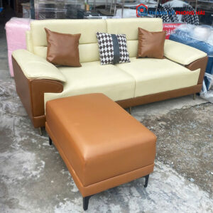 Bộ Sofa Da 2m1 Màu Kem Nâu Kèm Đôn