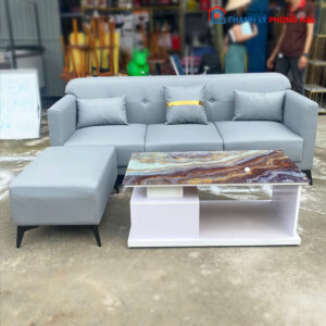 Thanh Lý Bộ Sofa Da Simili Xám 2m Kèm Bàn Mới 99%