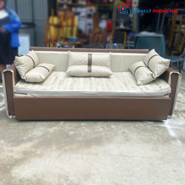 Sofa Bed 2m Cũ Kèm Gối Da màu kem