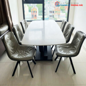 Bộ Bàn Ăn Mặt Đá 1m6 Kèm 6 Ghế Ăn Da Xám Cũ