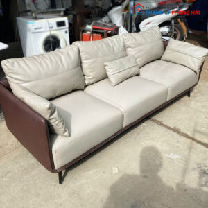 Bộ Sofa Da Simili 2m2 Màu Kem Kèm Bàn Kính Cũ