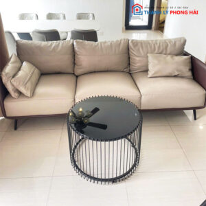 Bộ Sofa Da Simili 2m2 Màu Kem Kèm Bàn Kính Cũ