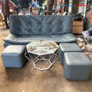 Bộ Sofa Thuyền Da Xám 1m8 Kèm Bàn Và 3 Đôn Cũ