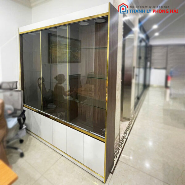 Tủ Trưng Bày 2m Cũ Kính Lùa Khung Mạ Vàng