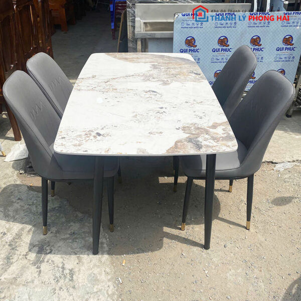 Bộ Bàn Ăn 1m4 Mặt Đá Kèm 4 Ghế Da Mới 99%