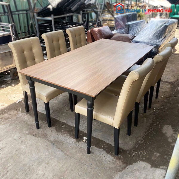 Bộ Bàn Ăn Cũ Mặt Gỗ Kèm 6 Ghế Da