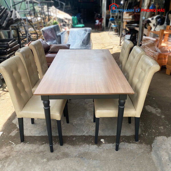 Bộ Bàn Ăn Cũ Mặt Gỗ Kèm 6 Ghế Da