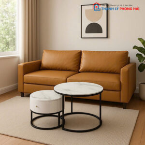 Bộ Sofa Bọc Da Nâu Kèm Bàn Trà Đôi Mới 99%