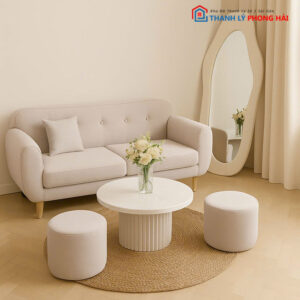 Bộ Sofa Bọc Vải Kèm 2 Đôn - Bàn Trà Trắng