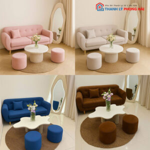 Bộ Sofa Bọc Vải Kèm 2 Đôn - Bàn Trà Trắng