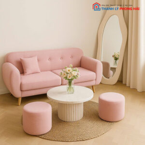 Bộ Sofa Bọc Vải Kèm 2 Đôn - Bàn Trà Trắng