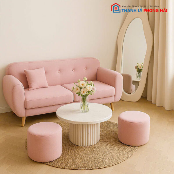 Bộ Sofa Bọc Vải Kèm 2 Đôn - Bàn Trà Trắng