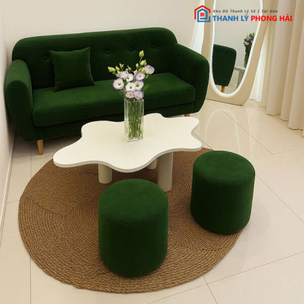 Bộ Sofa Bọc Vải Kèm 2 Đôn - Bàn Trà Trắng