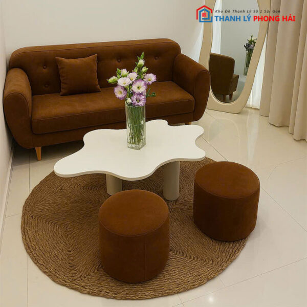 Bộ Sofa Bọc Vải Kèm 2 Đôn - Bàn Trà Trắng