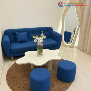 Bộ Sofa Bọc Vải Kèm 2 Đôn - Bàn Trà Trắng