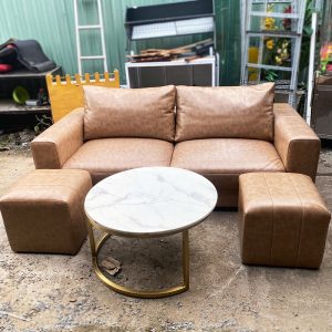 Bộ Sofa Da Bò 2m1 Kèm Bàn Trà Vân Đá Cũ