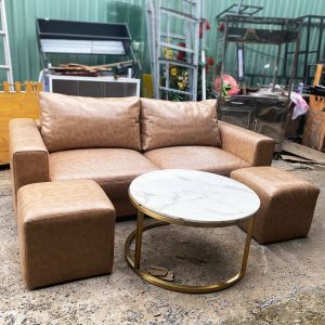 Bộ Sofa Da Bò 2m1 Kèm Bàn Trà Vân Đá Cũ