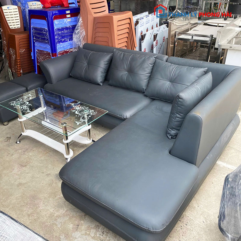 bo-sofa-goc-l-da-den-2m2-kem-ban-kinh-cu-1 Bộ Sofa Góc L Da Đen 2m2 Kèm Bàn Kính Cũ