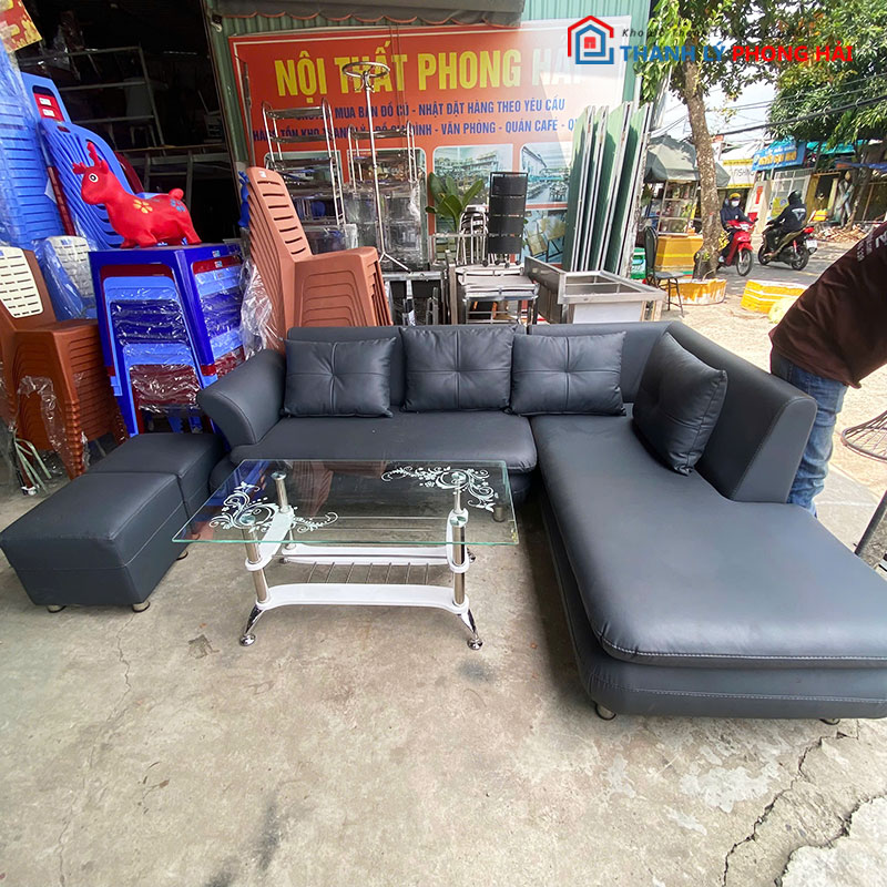 bo-sofa-goc-l-da-den-2m2-kem-ban-kinh-cu-2 Bộ Sofa Góc L Da Đen 2m2 Kèm Bàn Kính Cũ