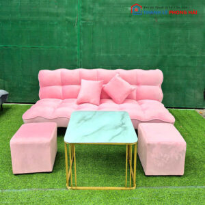 sofa bed hồng bàn kính vuông chân vàng