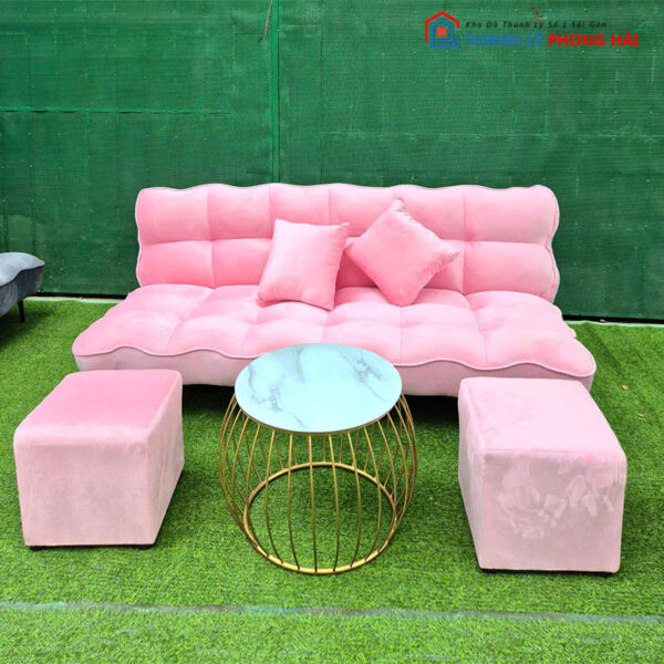 sofa bed hồng bàn kính tròn chân vàng
