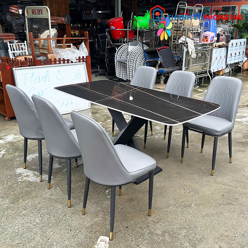 bo-ban-an-1m6-mat-da-chan-chu-x-1 Bộ Bàn Ăn 1m6 Mặt Đá Chân Chữ X Mới 99% (Nhiều Màu)