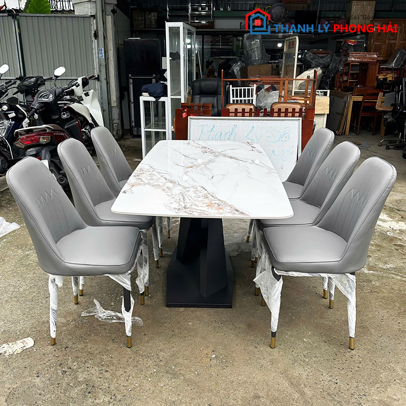 bo-ban-an-1m6-mat-da-chan-chu-x-2 Bộ Bàn Ăn 1m6 Mặt Đá Chân Chữ X Mới 99% (Nhiều Màu)