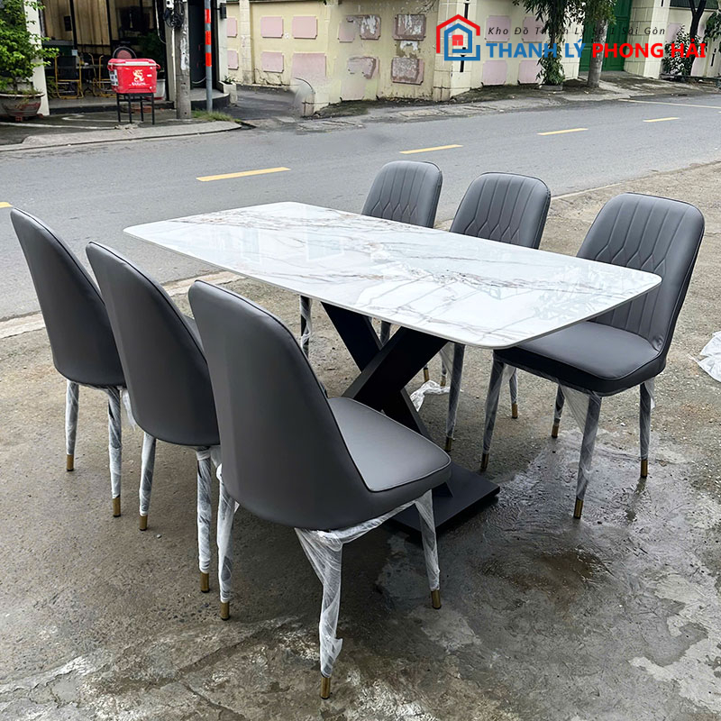 bo-ban-an-1m6-mat-da-chan-chu-x-3 Bộ Bàn Ăn 1m6 Mặt Đá Chân Chữ X Mới 99% (Nhiều Màu)