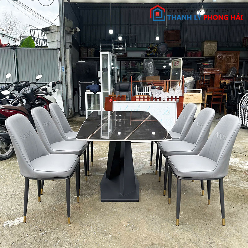 bo-ban-an-1m6-mat-da-chan-chu-x-4 Bộ Bàn Ăn 1m6 Mặt Đá Chân Chữ X Mới 99% (Nhiều Màu)